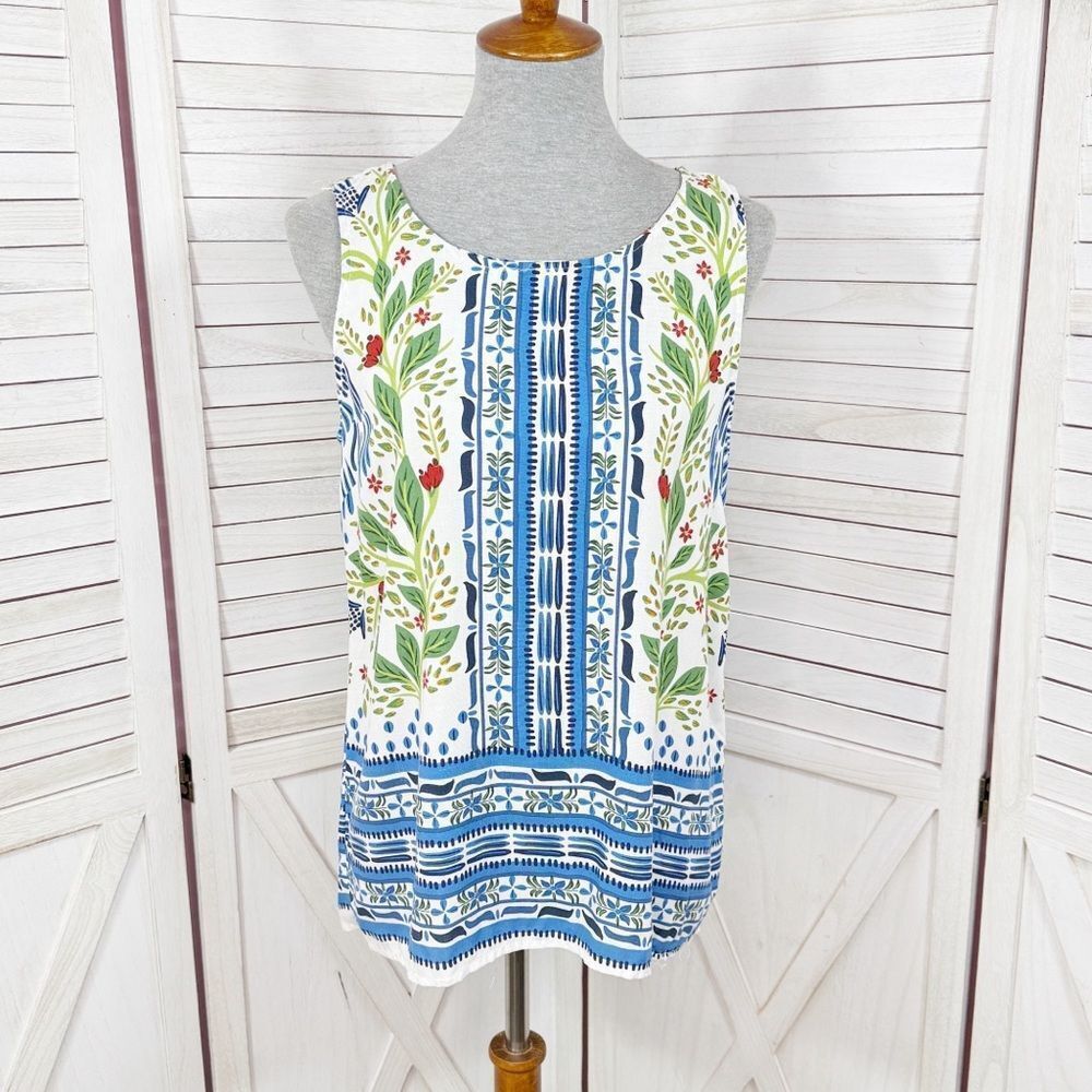 Haute Hippie Floral‎ Boho Button Back Sleeveless Tank Top White Blue Small